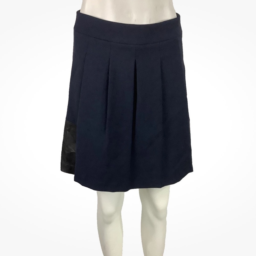 Vince Sz 2 Wool And Leather A-Line Pleat Business Casual Skirt Navy Blue